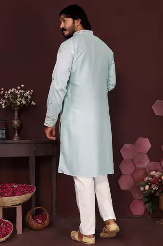 Men's turquoise silk sequins embroidered kurta with pajama set