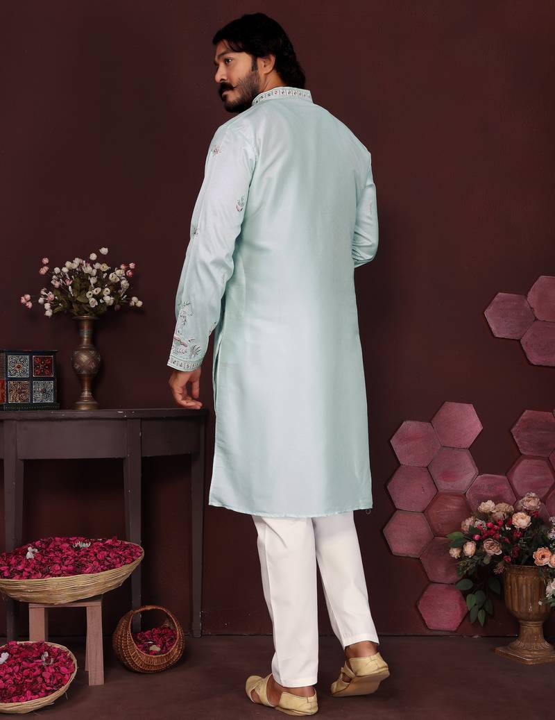 Men's turquoise silk sequins embroidered kurta with pajama set