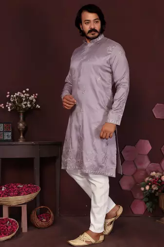 Men's purple silk sequins embroidered kurta with pajama set