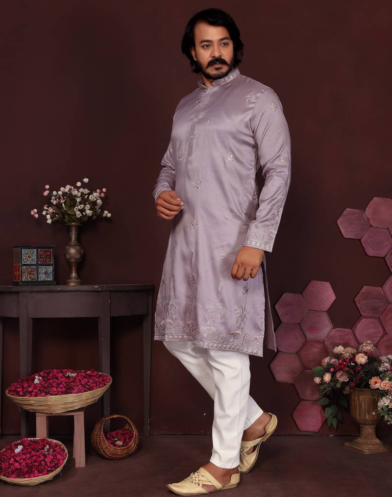 Men's purple silk sequins embroidered kurta with pajama set