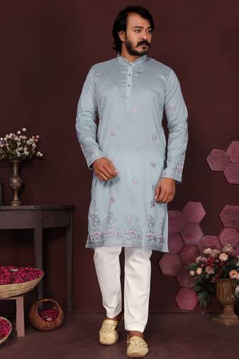 Men's blue silk sequins embroidered kurta with pajama set
