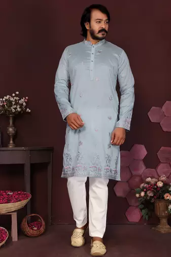 Men's blue silk sequins embroidered kurta with pajama set