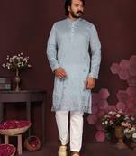Men's blue silk sequins embroidered kurta with pajama set