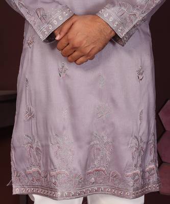 Men's purple silk sequins embroidered kurta with pajama set 4