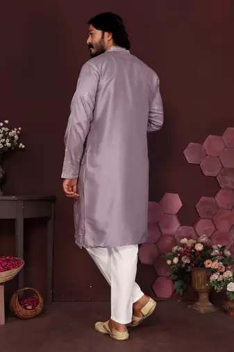 Men's purple silk sequins embroidered kurta with pajama set