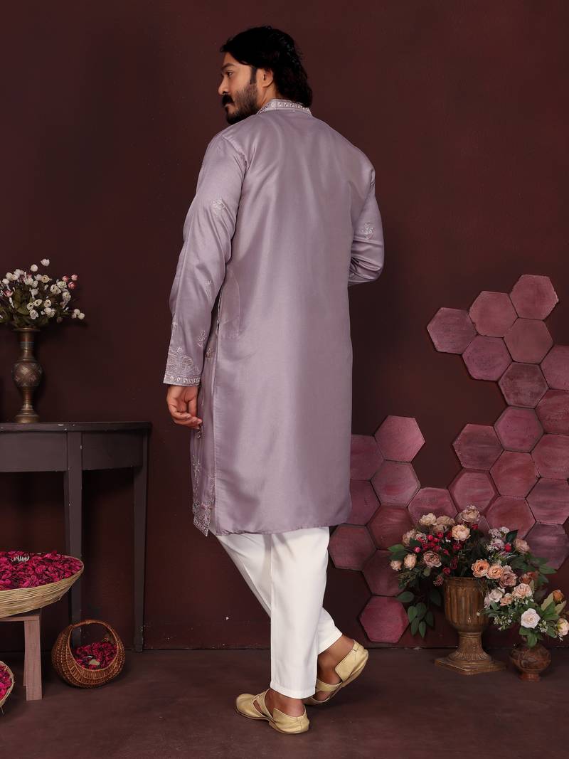 Men's purple silk sequins embroidered kurta with pajama set
