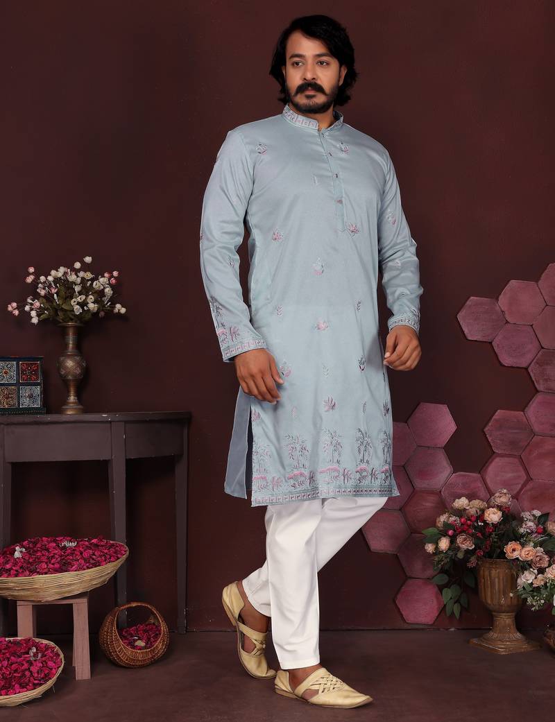 Men's blue silk sequins embroidered kurta with pajama set