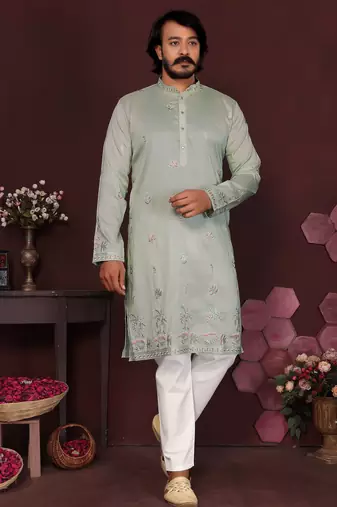 Men's grey silk sequins embroidered kurta with pajama set