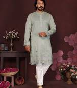 Men's grey silk sequins embroidered kurta with pajama set