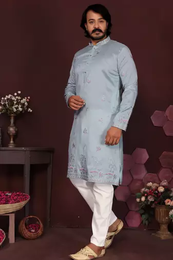 Men's blue silk sequins embroidered kurta with pajama set