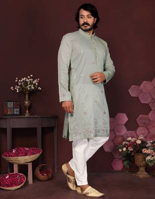 Men's grey silk sequins embroidered kurta with pajama set 2