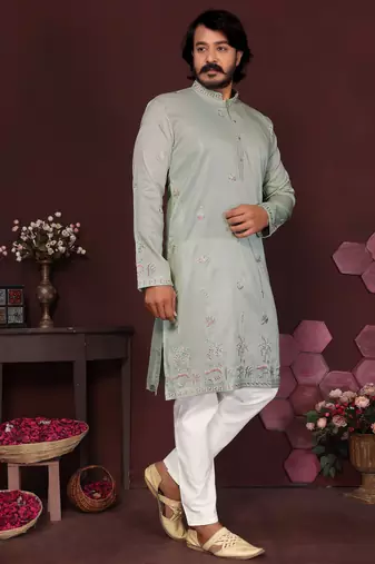 Men's grey silk sequins embroidered kurta with pajama set