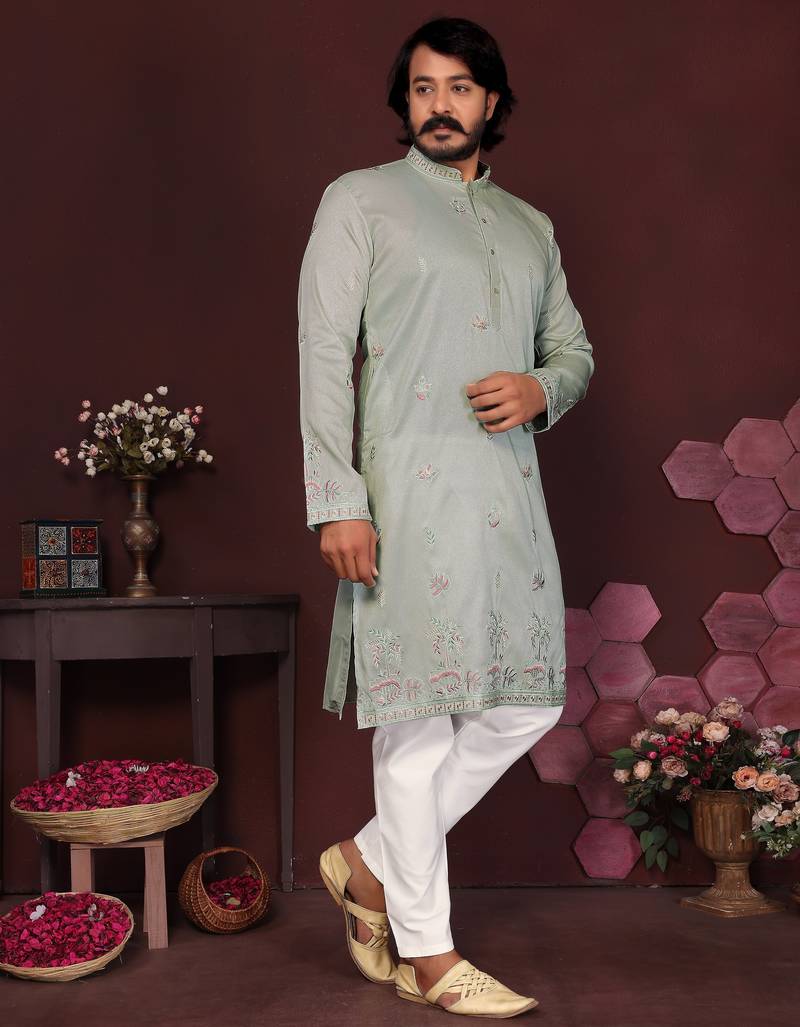 Men's grey silk sequins embroidered kurta with pajama set