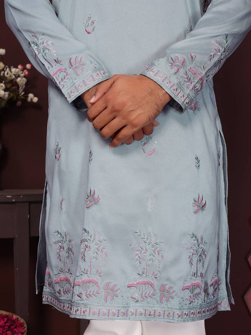 Men's blue silk sequins embroidered kurta with pajama set