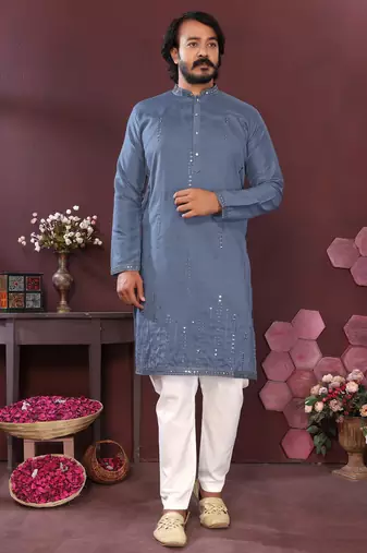 Men's blue silk mirror embroidered kurta with pajama set