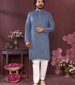 Men's blue silk mirror embroidered kurta with pajama set