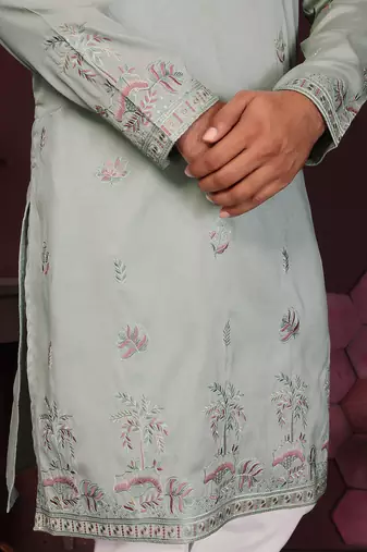 Men's grey silk sequins embroidered kurta with pajama set