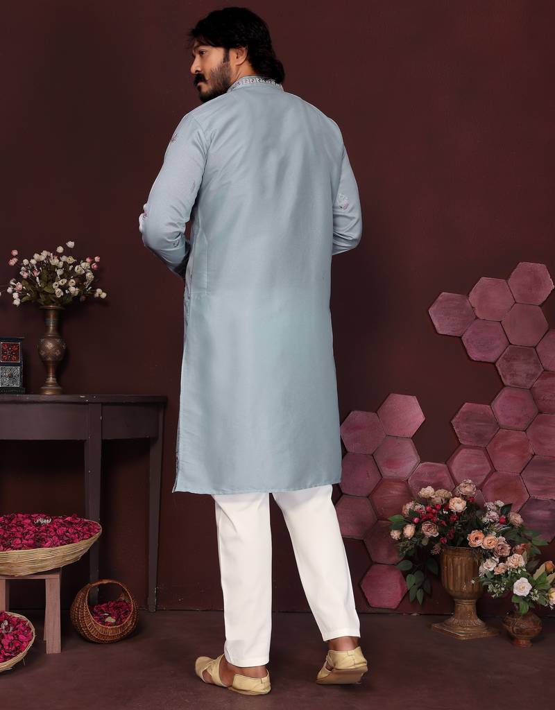 Men's blue silk sequins embroidered kurta with pajama set