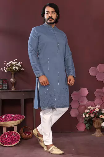 Men's blue silk mirror embroidered kurta with pajama set