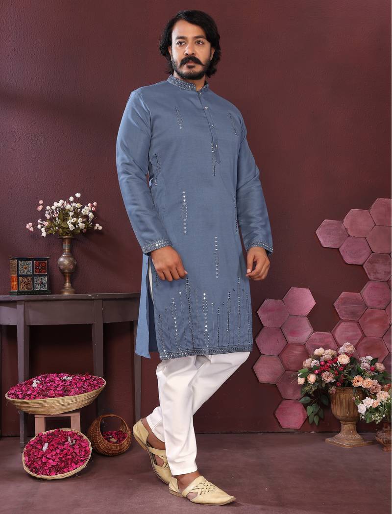 Men's blue silk mirror embroidered kurta with pajama set