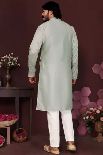 Men's grey silk sequins embroidered kurta with pajama set