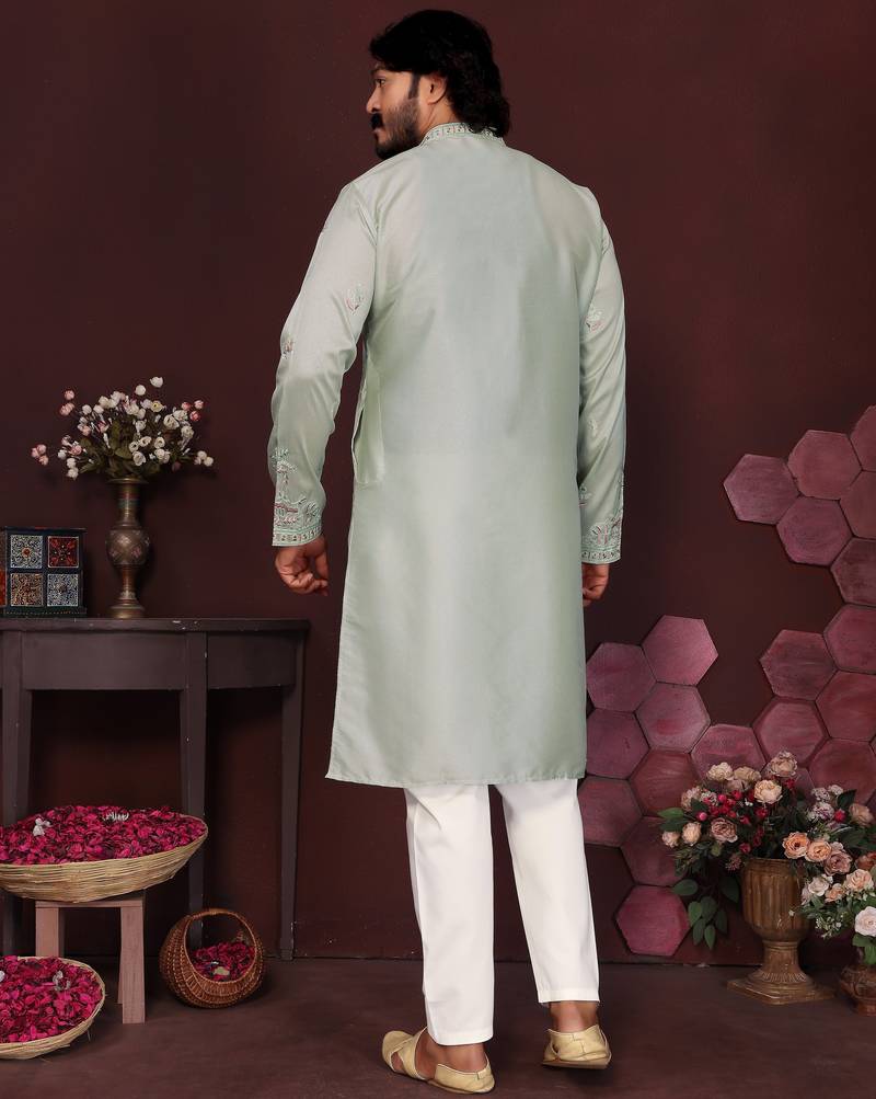 Men's grey silk sequins embroidered kurta with pajama set