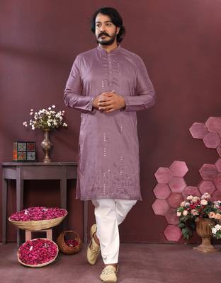 Men's wine silk mirror embroidered kurta with pajama set 1