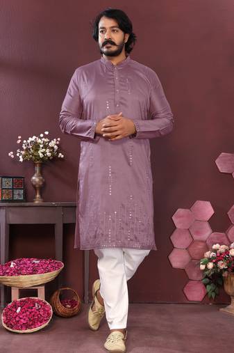 Men's wine silk mirror embroidered kurta with pajama set