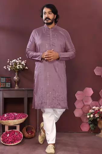 Men's wine silk mirror embroidered kurta with pajama set