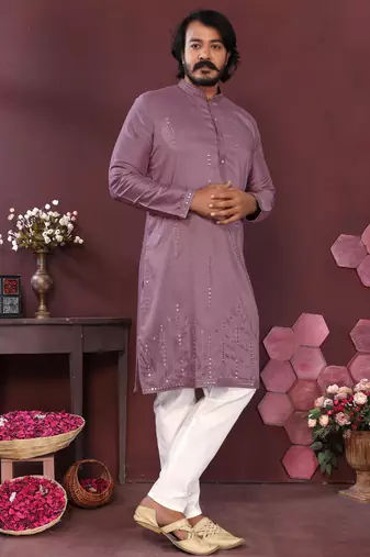 Men's wine silk mirror embroidered kurta with pajama set