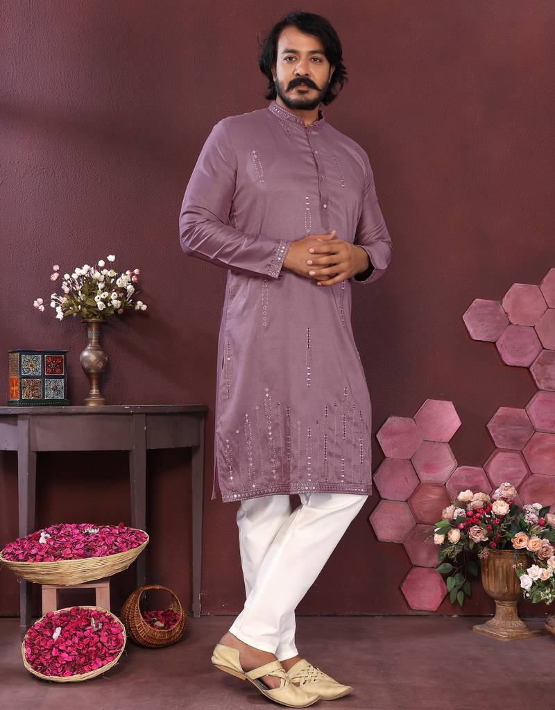 Men's wine silk mirror embroidered kurta with pajama set