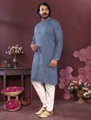 Men's blue silk mirror embroidered kurta with pajama set 3