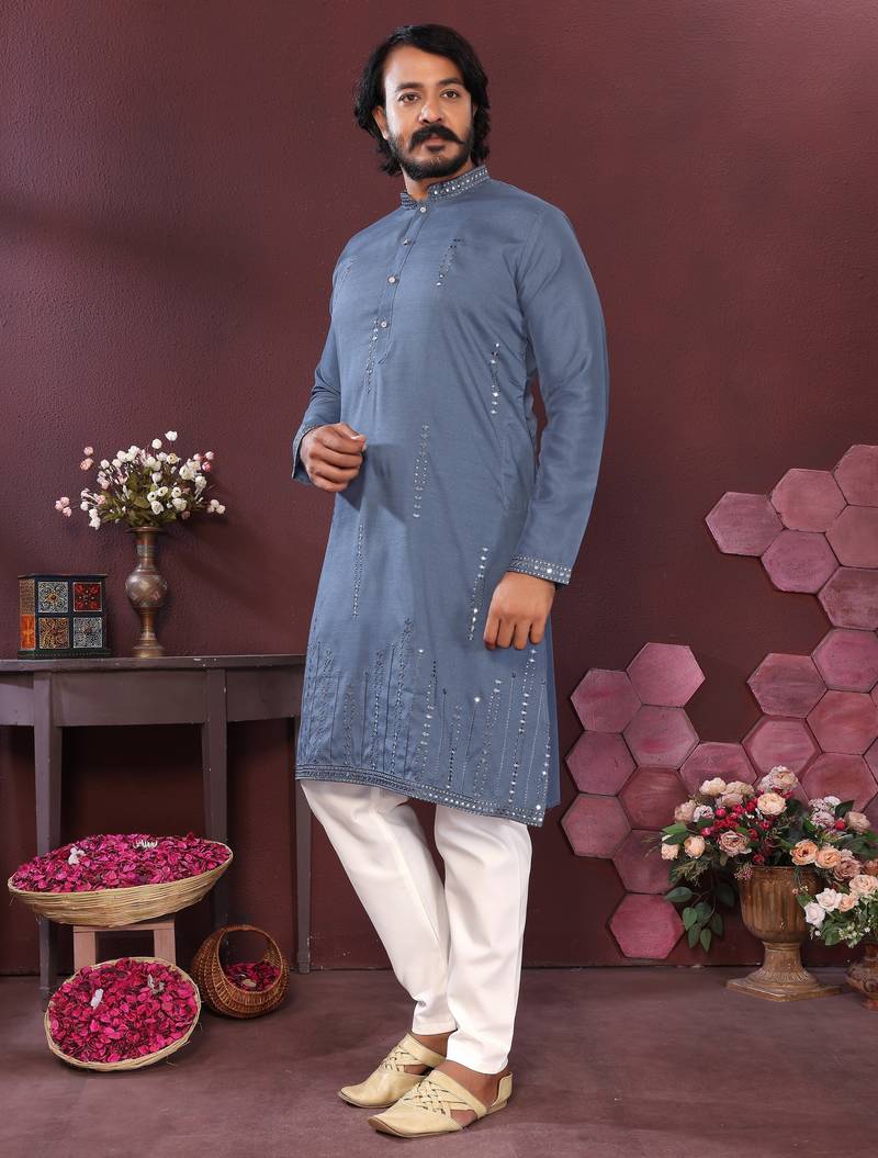 Men's blue silk mirror embroidered kurta with pajama set