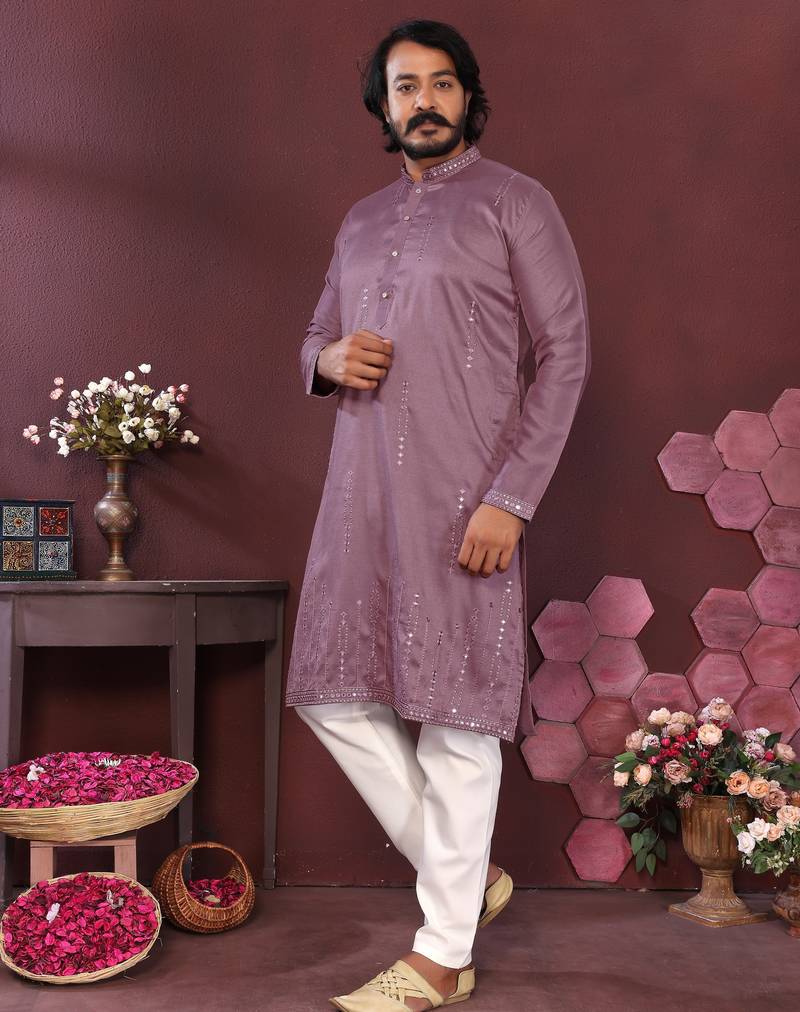 Men's wine silk mirror embroidered kurta with pajama set