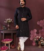 Men's black silk mirror embroidered kurta with pajama set