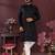 Men's black silk mirror embroidered kurta with pajama set