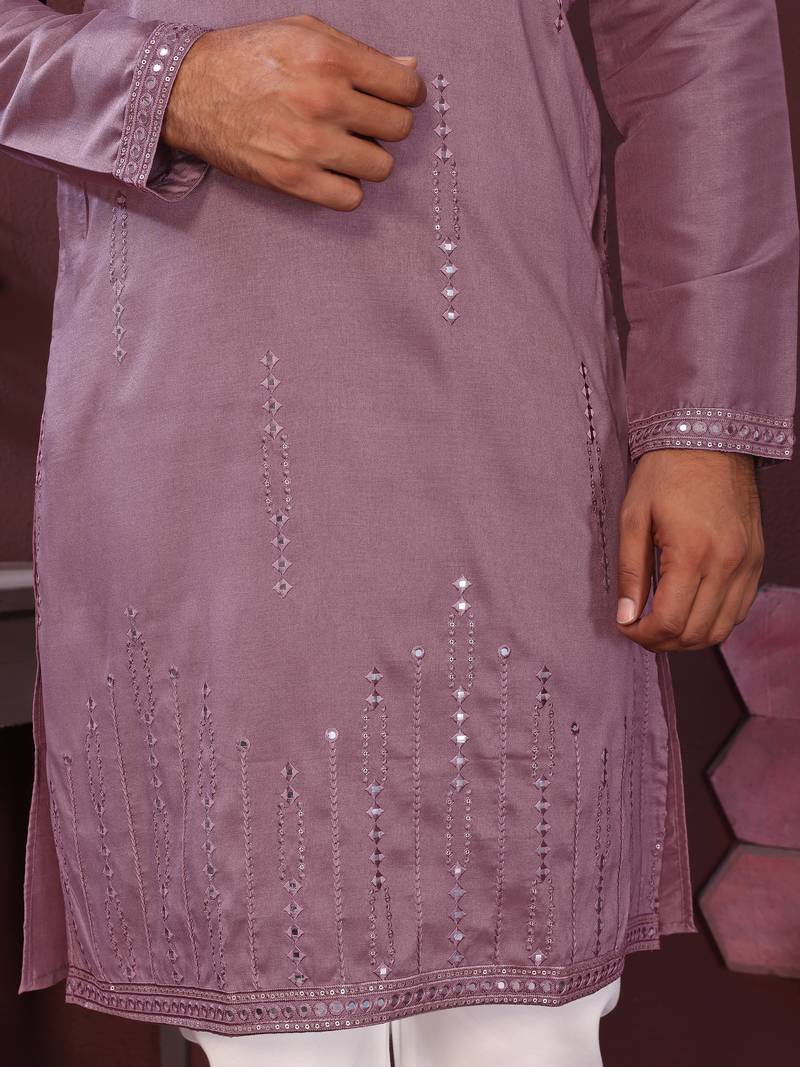 Men's wine silk mirror embroidered kurta with pajama set