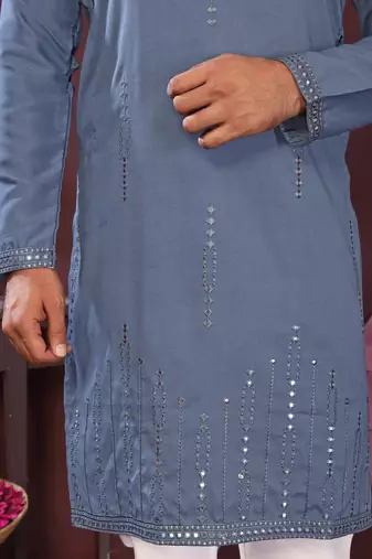 Men's blue silk mirror embroidered kurta with pajama set