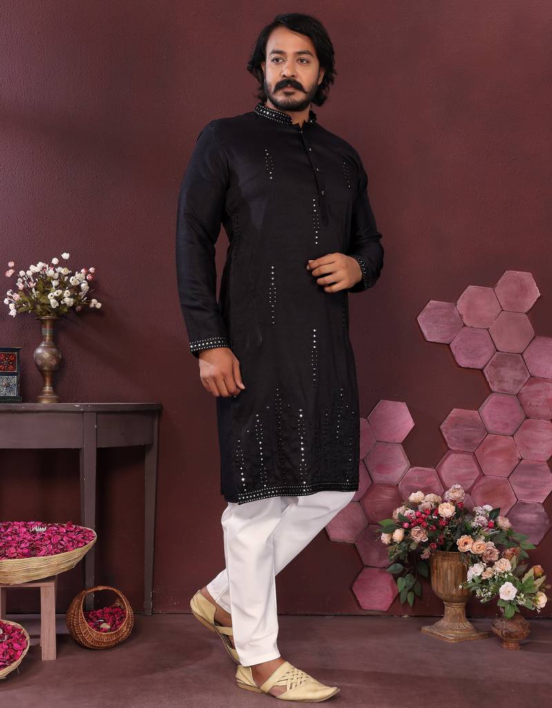 Men's black silk mirror embroidered kurta with pajama set