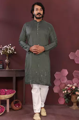 Men's bottle green silk mirror embroidered kurta with pajama set