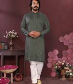 Men's bottle green silk mirror embroidered kurta with pajama set