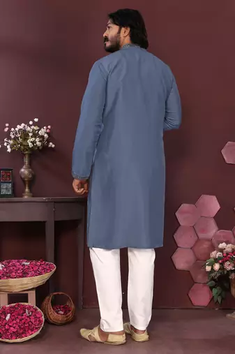 Men's blue silk mirror embroidered kurta with pajama set