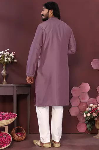 Men's wine silk mirror embroidered kurta with pajama set