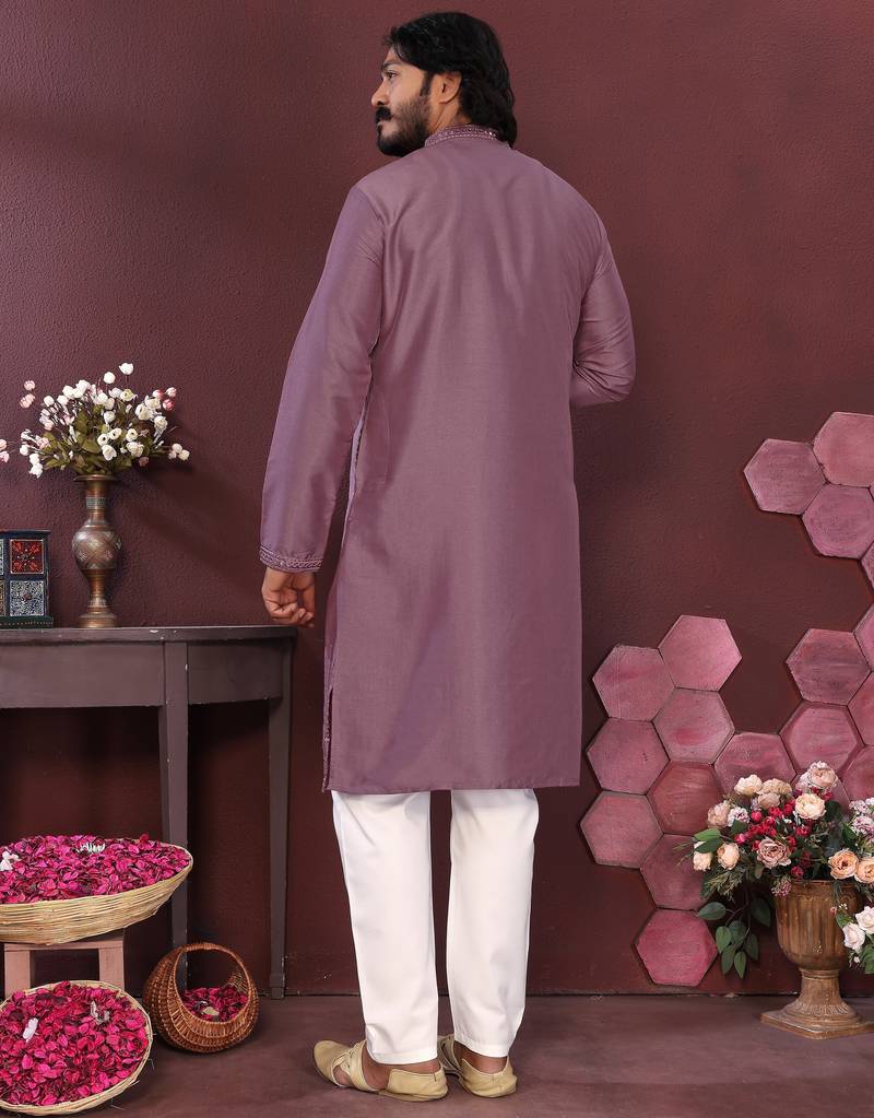 Men's wine silk mirror embroidered kurta with pajama set