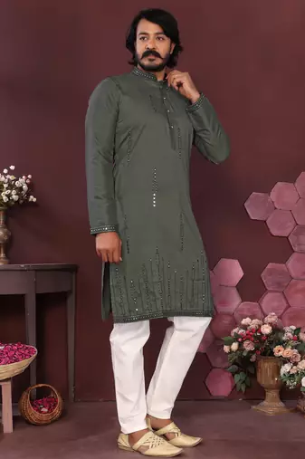 Men's bottle green silk mirror embroidered kurta with pajama set