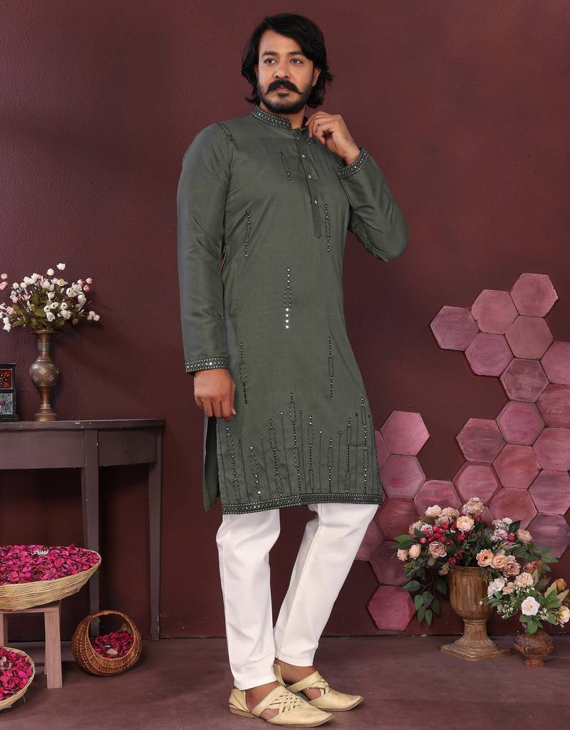 Men's bottle green silk mirror embroidered kurta with pajama set