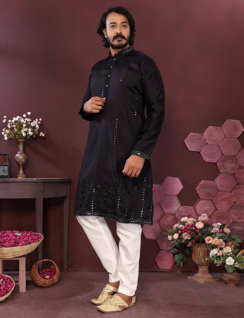 Men's black silk mirror embroidered kurta with pajama set