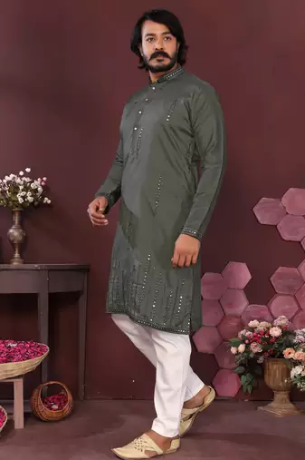 Men's bottle green silk mirror embroidered kurta with pajama set