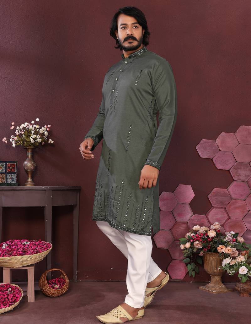 Men's bottle green silk mirror embroidered kurta with pajama set