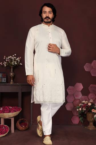 Men's white silk mirror embroidered kurta with pajama set